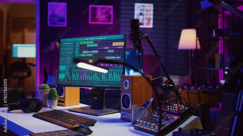 Poster empty creative space recording tunes and soundtracks with electronic tools, mixing and mastering in 
