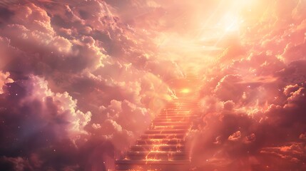 Stairway to heaven in heavenly concept. Religion background. Stairway to paradise in a spiritual concept. Stairway to light in spiritual fantasy. Path to the sky and clouds. God light. - obrazy, fototapety, plakaty