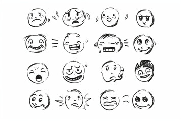 Doodle Emoji face icon set. Hand drawn sketch style. Emoji with different emotion mood, happy, sad, smile face. Comic line art vector illustration. vector icon, white background, black colour icon