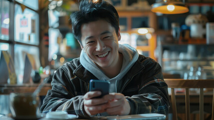 Smiling young asian man using smartphone at table in cafe.
