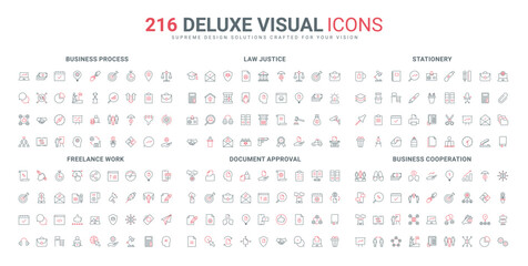 Business solutions and process, court and law line icons set. Online upload and approval of documents, vision of trends and ideas, supplies thin black and red outline symbols vector illustration