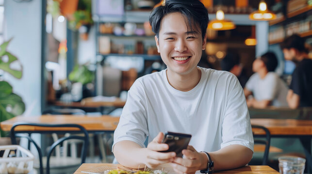 Smiling young asian man using smartphone at table in cafe.
