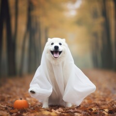 A cute white dog dressed as a ghost stands in a spooky forest next to a glowing jack-o-lantern. Fallen leaves cover the ground, adding to the festive Halloween atmosphere in this charming scene.