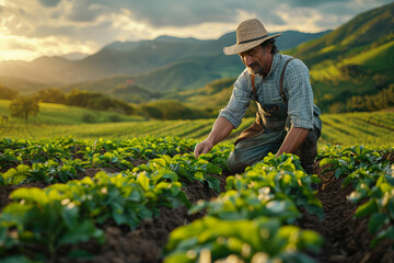 A farmer tending to his crops in a fertile valley, nurturing the land and living in harmony with nature's cycles. Concept of sustainable agriculture and stewardship of the land. Generative Ai. - obrazy, fototapety, plakaty