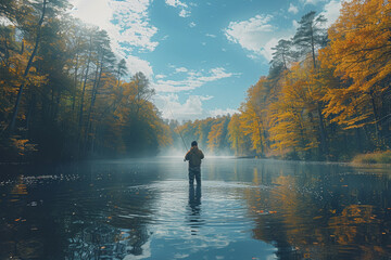 Fototapeta na wymiar A fisherman casting a line into a pristine river, finding solace and connection in the rhythmic motion of fishing. Concept of angling and communion with nature. Generative Ai.