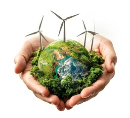 The hands holding wind turbines and earth with grass, white background, png transparent - obrazy, fototapety, plakaty