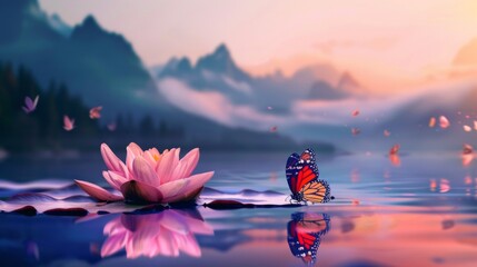 Beautiful oriental landscape with blooming lotus flowers - obrazy, fototapety, plakaty