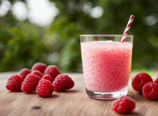 Raspberry lemonade slush in a glass with a background of fresh raspberries and lemon slices. AI generated.
