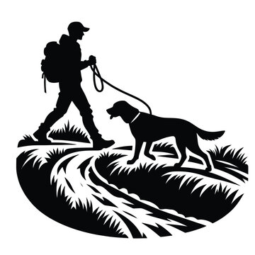 recommend clip art: silhouette of a person hiking along a trail with a dog isolated
