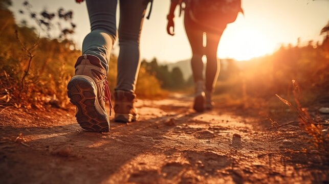 Hikers walking in fores in sunset light. Detail on hiker shoe rear view. copy space for text.