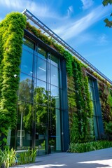 Sustainable building exterior made of recycled materials, featuring living green walls and water conservation systems. Sustainable green building. Eco-friendly building. Green architecture.