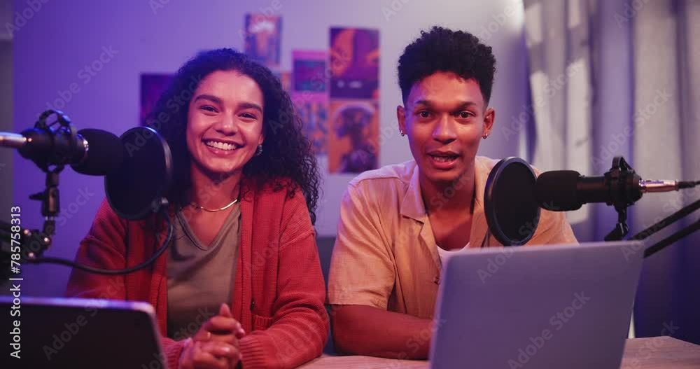 Poster Video, man and woman in live stream with mic, conversation and hosting online radio talk show in home. Interview, broadcast and happy people vlogging with microphone chat, tech and content creation