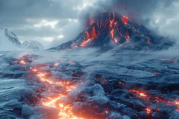 Foto auf Alu-Dibond The intersection of a volcanic eruption and a glacier, illustrating the collision of intense heat and freezing temperatures. Concept of extreme temperature contrasts. Generative Ai. © Sebastian
