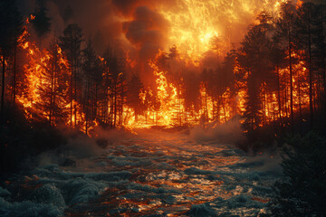 The clash between a forest fire and a river, symbolizing the collision of raging flames and flowing water. Concept of fire suppression by natural elements. Generative Ai.