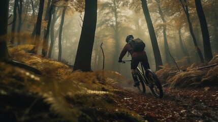 Man practicing mountain biking in the forest.