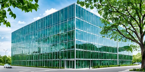  Sustainable green building. Eco-friendly building. Sustainable glass office building with tree for reducing carbon dioxide. Office with green environment. Corporate building reduce CO2. 