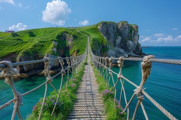 Pristine landscape of a suspension bridge spanning a lush, green cliffside by the vibrant blue ocean under clear skies