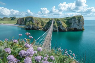 Captivating view of a picturesque rope bridge extending over crystal-clear blue sea surrounded by...