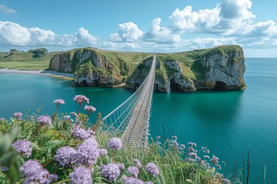 Fototapeta Captivating view of a picturesque rope bridge extending over crystal-clear blue sea surrounded by rugged cliffs