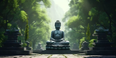 Fotobehang Buddha statues in the forest Generative AI © Roman