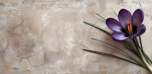 Spring country pastoral illustration, blooming crocuses flowers buds, copy space on concrete background