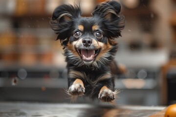 An action-packed moment featuring a charming long-haired Chihuahua in mid-leap with a playful and endearing expression