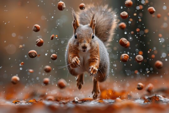 An action-packed scene with a focused squirrel bounding forward amidst a shower of nuts