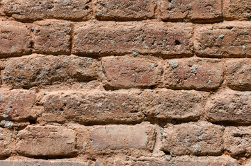 Panoramic view of empty, old, red brick wall background with copy space
