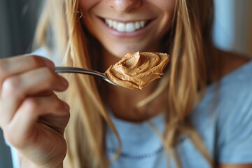 Macro shot of a woman savoring a spoonful of creamy peanut butter - obrazy, fototapety, plakaty