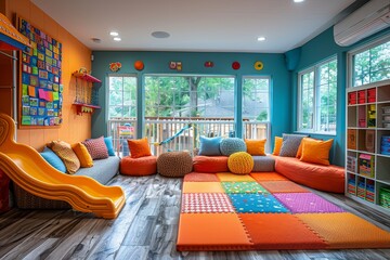 A bright and colorful children's playroom filled with various playful equipment and educational...