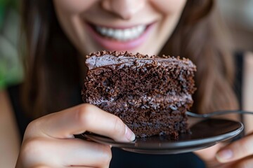 Macro shot of a woman relishing a slice of moist, decadent chocolate cake