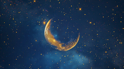 Obraz na płótnie Canvas a golden crescent moon surrounded by twinkling stars against a dark blue background.