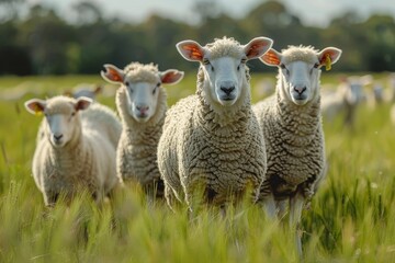 Fototapeta premium This captivating image features a sheep standing confidently in front, leading a herd grazing in a lush, green pasture under the soft sunlight