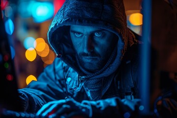 Obraz premium A mysterious person in a hooded jacket immerses themselves in laptop work amongst vibrant city night lights