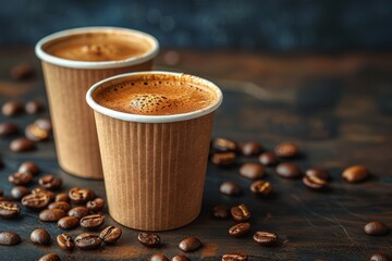 Close-up of two steaming cups of espresso in disposable corrugated paper cups with coffee beans...