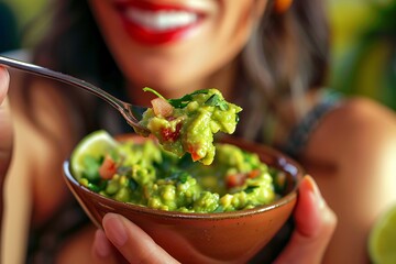 High-definition close-up of a woman enjoying a spoonful of zesty guacamole