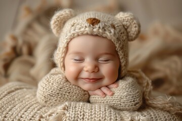 Fototapeta na wymiar An adorable baby in a knitted bear hat sleeping soundly with a gentle smile