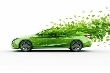 green car with leaves coming out of the exhaust on a white background