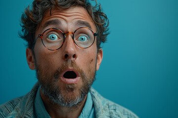 Man wearing a jacket and glasses expresses shock against a teal backdrop - obrazy, fototapety, plakaty