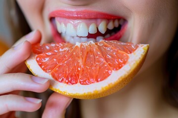 High-definition close-up of a woman enjoying a bite of tangy grapefruit