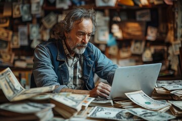 Elderly man appears deeply focused on a laptop with stacks of currency around him