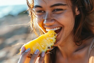 High-definition close-up of a woman enjoying a bite of tangy pineapple - obrazy, fototapety, plakaty