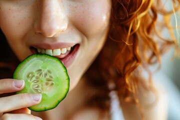 High-definition close-up of a woman enjoying a bite of refreshing cucumber