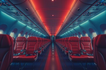 The image showcases an empty airplane with red hexagonal LED lights creating a futuristic atmosphere