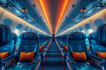 A brightly lit airplane interior featuring blue seats adorned with yellow pillows suggests a...