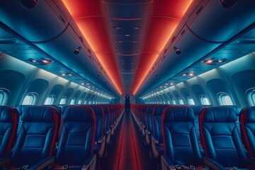 An empty aircraft aisle is moodily lit with a blue and red gradient, giving a modern and clean feel