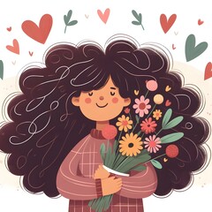 illustration of a girl happy with curly hair holding a bunch of flowers