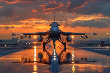 Majestic fighter jet centered on a wet runway reflecting the breathtaking sunset sky and clouds behind it