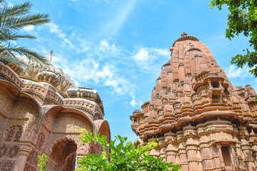 Front view inside of Mandore Gardens with amazing cenotaphs, ruins and temples
