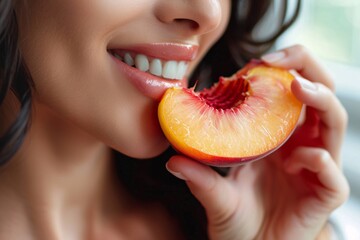 High-definition close-up of a woman enjoying a bite of juicy peach